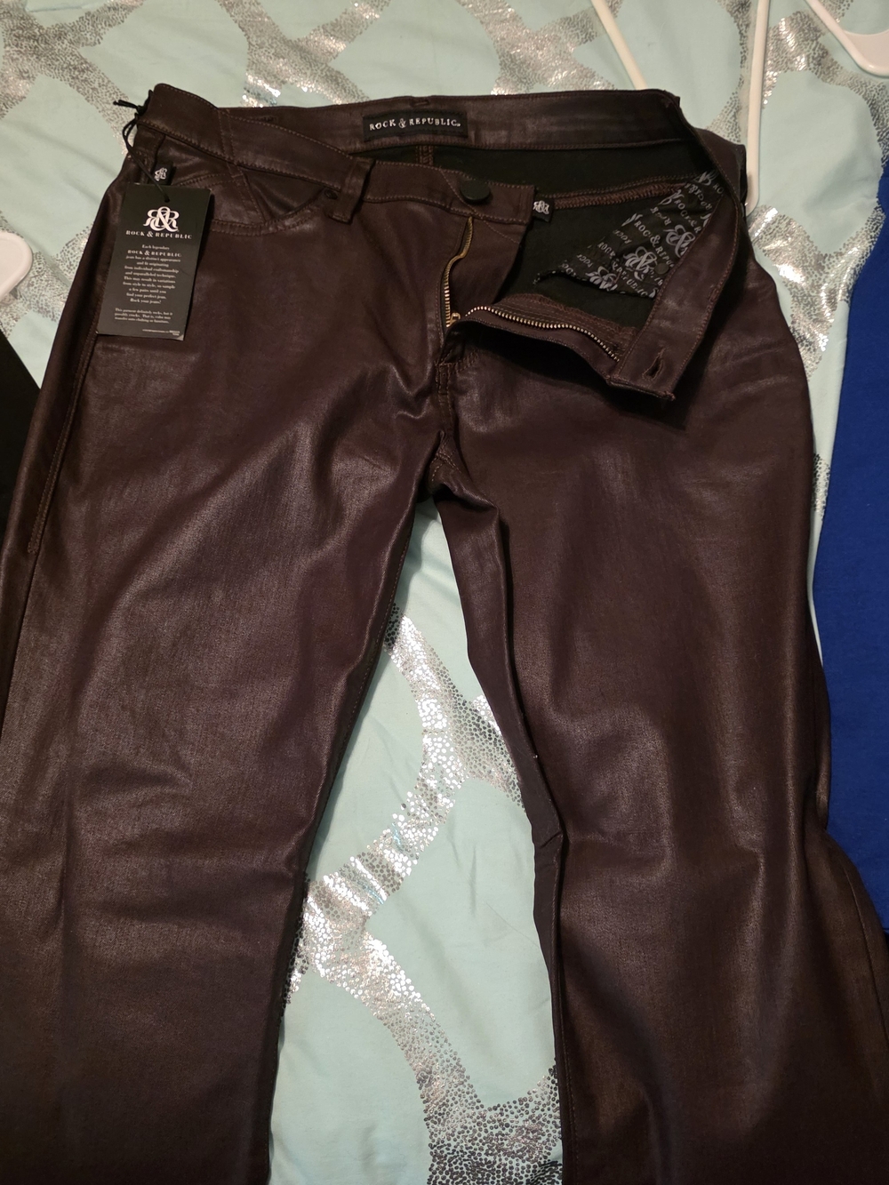 Rock & Republic Metallic Dark Brown Coated Skinny Pants